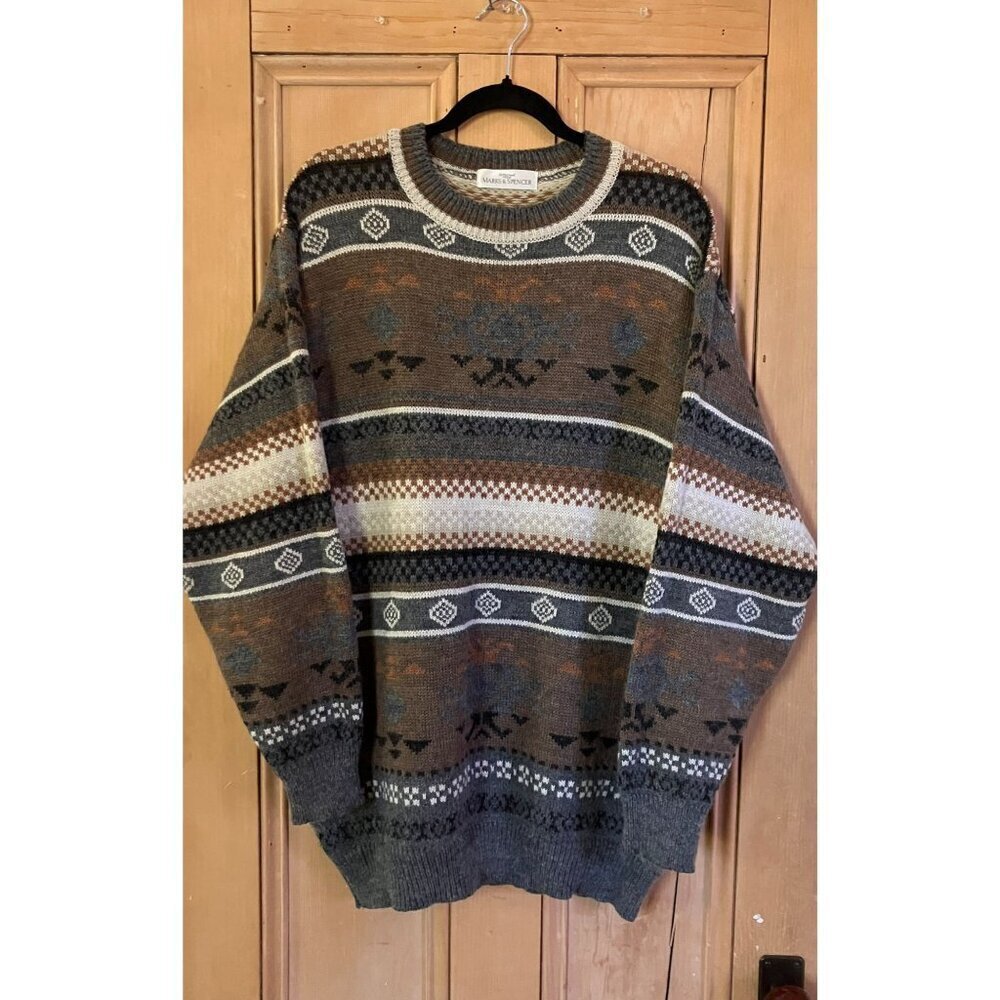 St. Michael Mens Fair Isle Alpaca Wool Uk Jumper Sweater Size Xl Brown Fa Exc